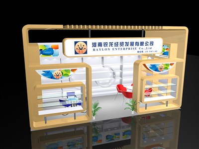 18平米展臺(tái)設(shè)計(jì)制作：一面開口/現(xiàn)代/木質(zhì)結(jié)構(gòu)/黃色，為綜合展展商而作（免費(fèi)使用）