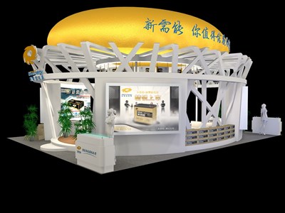 108平米展臺設計制作：三面開口/現(xiàn)代/木質(zhì)結(jié)構(gòu)/黃色，為綜合展展商而作（免費使用）