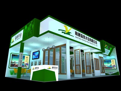 98平米展臺設(shè)計制作：四面開口/現(xiàn)代/木質(zhì)結(jié)構(gòu)/綠色，為建材展展商而作（免費(fèi)使用）
