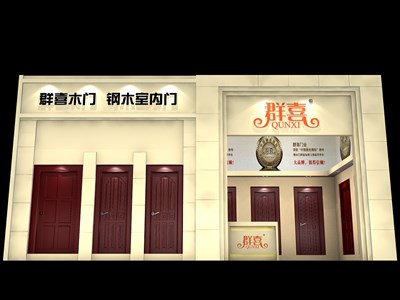 36平米展臺設(shè)計制作：一面開口/歐式/木質(zhì)結(jié)構(gòu)/米色，為建材展展商而作（免費使用）