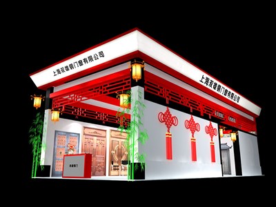 90平米展臺設(shè)計(jì)制作：二面開口/中式/木質(zhì)結(jié)構(gòu)/紅色，為建材展展商而作（免費(fèi)使用）