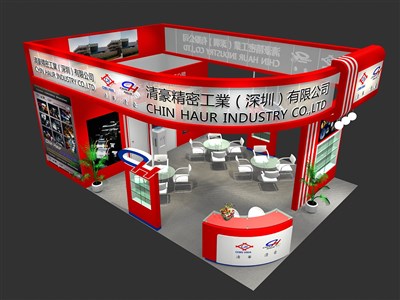 54平米展臺設(shè)計制作：三面開口/現(xiàn)代/木質(zhì)結(jié)構(gòu)/紅色，為電子展展商而作（免費(fèi)使用）