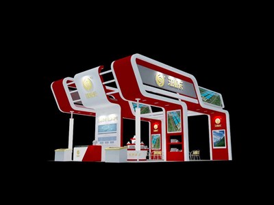 108平米展臺設(shè)計制作：四面開口/現(xiàn)代/木質(zhì)結(jié)構(gòu)/紅色，為食品展展商而作（免費使用）