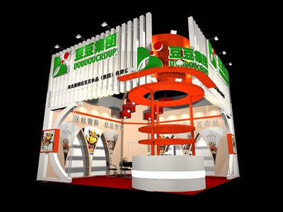 49平米展臺設計制作：二面開口/前衛(wèi)/木質(zhì)結(jié)構(gòu)/綠色，為食品展展商而作（免費使用）