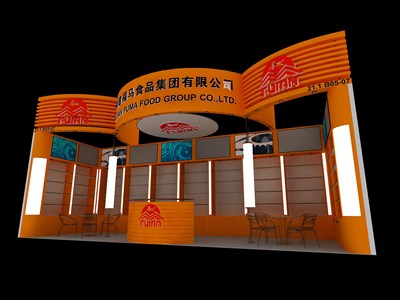 27平米展臺(tái)設(shè)計(jì)制作：一面開口/現(xiàn)代/木質(zhì)結(jié)構(gòu)/橙色，為食品展展商而作（免費(fèi)使用）