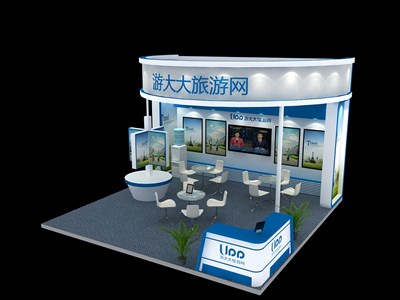 36平米展臺設(shè)計(jì)制作：三面開口/現(xiàn)代/木質(zhì)結(jié)構(gòu)/藍(lán)色，為建材展展商而作（免費(fèi)使用）