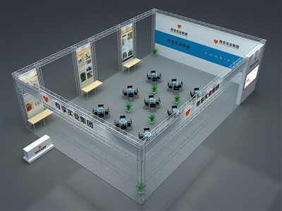 204平米展臺設計制作：三面開口/現(xiàn)代/桁架結構/藍色，為綜合展展商而作（免費使用）