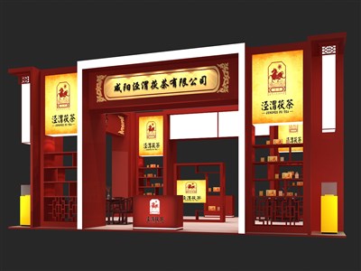 72平米展臺設計制作：三面開口/中式/木質(zhì)結構/紅色，為茶博會展商而作（免費使用）