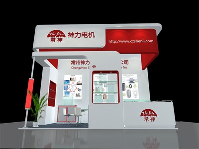 18平米展臺設(shè)計制作：三面開口/現(xiàn)代/木質(zhì)結(jié)構(gòu)/紅色，為機械展展商而作（免費使用）