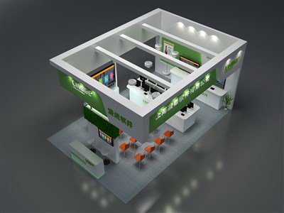 54平米展臺設計制作：三面開口/現代/木質結構/綠色，為電子展展商而作（免費使用）