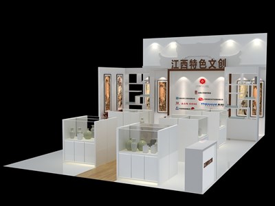 57平米展臺(tái)設(shè)計(jì)制作：三面開口/中式/木質(zhì)結(jié)構(gòu)/白色，為成就招商展展商而作（免費(fèi)使用）