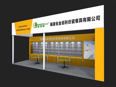 27平米展臺(tái)設(shè)計(jì)制作：二面開口/現(xiàn)代/木質(zhì)結(jié)構(gòu)/黃色，為工藝品展展商而作（免費(fèi)使用）