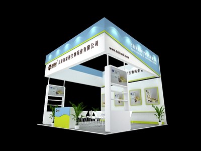 36平米展臺設計制作：三面開口/現代/木質結構/藍色，為醫(yī)藥展展商而作（免費使用）